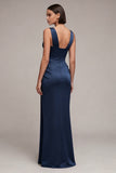 Corsé de sirena azul marino Vestido formal de satén con encaje