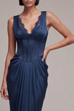 Corsé de sirena azul marino Vestido formal de satén con encaje
