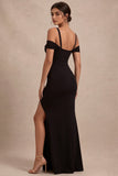 Vestido formal largo de sirena negro de hombros fríos con abertura
