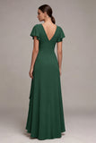 Vestido formal verde oscuro de escote en V alto y bajo línea A