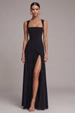 Vestido formal de cuello cuadrado negro A Line Long con abertura