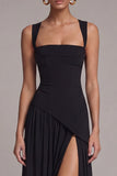 Vestido formal de cuello cuadrado negro A Line Long con abertura