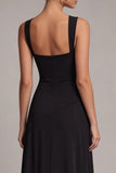 Vestido formal de cuello cuadrado negro A Line Long con abertura