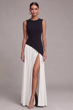 Vestido formal de cuello redondo en blanco y negro, de funda larga y abertura