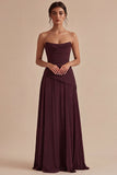 Vestido formal largo sin tirantes de Borgoña Línea A