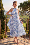 Vestido floral midi plisado con halteres de línea A azul