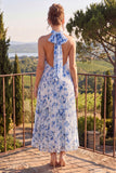 Vestido floral midi plisado con halteres de línea A azul