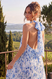 Vestido floral midi plisado con halteres de línea A azul