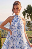 Vestido floral midi plisado con halteres de línea A azul