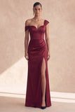 Vestido formal de sirena burdeos descubierto con abertura