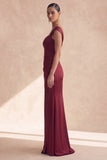 Vestido formal de sirena burdeos descubierto con abertura