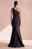 Vestido formal largo de sirena negra de satén de un hombro con flores 3D