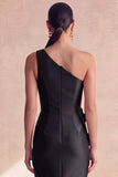 Vestido formal largo de sirena negra de satén de un hombro con flores 3D