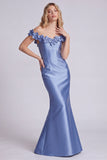 Vestido formal largo de satén sirena azul marino descubierto con flores 3D