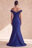 Vestido formal largo de satén sirena azul marino descubierto con flores 3D