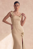 Camiseta sirena champán cuello cuadrado con flores 3D y vestido formal largo con abertura
