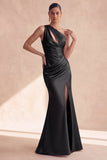 Vestido formal largo de sirena de un hombro de un solo hombro y satin con abertura
