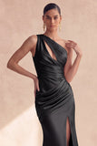 Vestido formal largo de sirena de un hombro de un solo hombro y satin con abertura