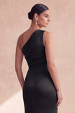 Vestido formal largo de sirena de un hombro de un solo hombro y satin con abertura