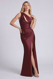 Vestido formal largo de sirena de un hombro de un solo hombro y satin con abertura