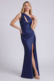 Vestido formal largo de sirena de un hombro de un solo hombro y satin con abertura