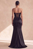 Corsé sin tirantes negro con trozo, vestido formal largo de sirena con abertura