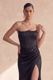 Corsé sin tirantes negro con trozo, vestido formal largo de sirena con abertura