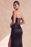 Corsé sin tirantes negro con trozo, vestido formal largo de sirena con abertura