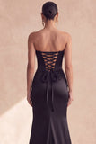 Corsé sin tirantes negro con trozo, vestido formal largo de sirena con abertura