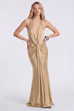 Vestido formal largo de sirena con escote halter y fruncido