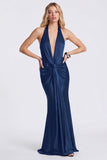 Vestido formal largo de sirena con escote halter y fruncido