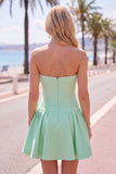 Vestido de bienvenida a casa A-Line de perlas sin tirantes menta con lazo