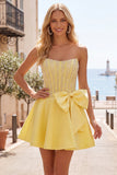 Corsé amarillo Sweetheart A-Line Pearls Vestido de Bienvenida con lazo