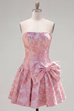 Vestido de bienvenida Jacquard de perlas moradas A-Line sin tirantes con lazo