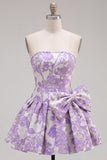 Vestido de bienvenida Jacquard de perlas moradas A-Line sin tirantes con lazo