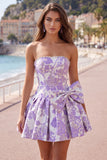 Vestido de bienvenida Jacquard de perlas moradas A-Line sin tirantes con lazo