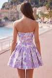 Vestido de bienvenida Jacquard de perlas moradas A-Line sin tirantes con lazo