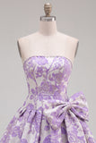Vestido de bienvenida Jacquard de perlas moradas A-Line sin tirantes con lazo