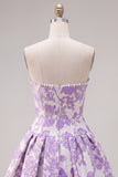 Vestido de bienvenida Jacquard de perlas moradas A-Line sin tirantes con lazo