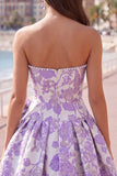 Vestido de bienvenida Jacquard de perlas moradas A-Line sin tirantes con lazo