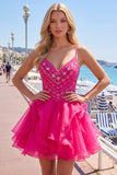 Vestido corto de bienvenida con volantes rosa A rosa brillante y con cuentas