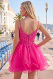 Vestido corto de bienvenida con volantes rosa A rosa brillante y con cuentas