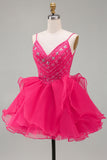 Vestido corto de bienvenida con volantes rosa A rosa brillante y con cuentas