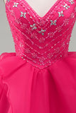 Vestido corto de bienvenida con volantes rosa A rosa brillante y con cuentas