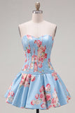 Vestido de Homecoming con corsé floral azul A-Line de satén