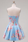 Vestido de Homecoming con corsé floral azul A-Line de satén