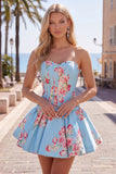 Vestido de Homecoming con corsé floral azul A-Line de satén