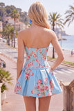 Vestido de Homecoming con corsé floral azul A-Line de satén
