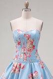 Vestido de Homecoming con corsé floral azul A-Line de satén