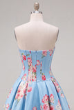 Vestido de Homecoming con corsé floral azul A-Line de satén